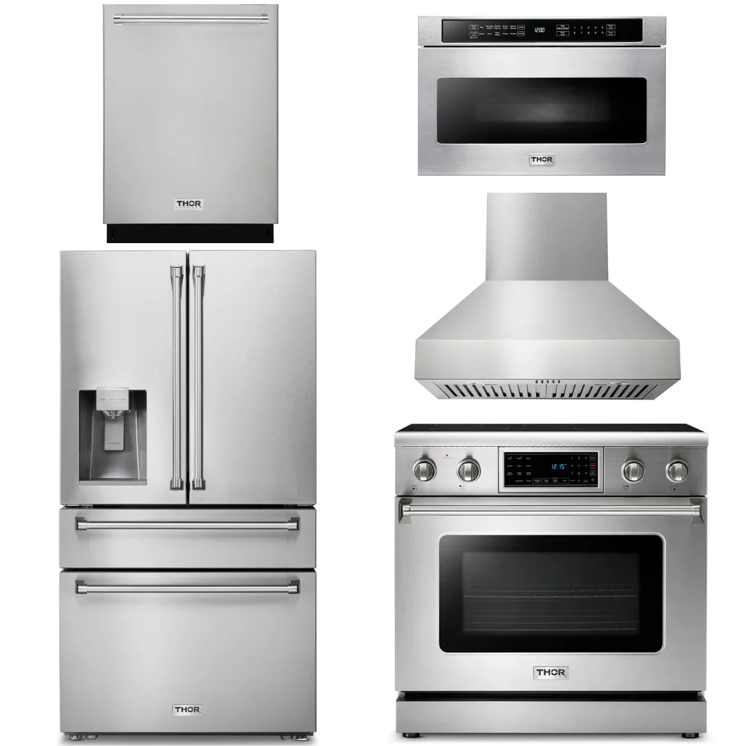 36 Electric Range, Range Hood, Microwave, Refrigerator with Water and Ice Dispenser, Dishwasher H75236