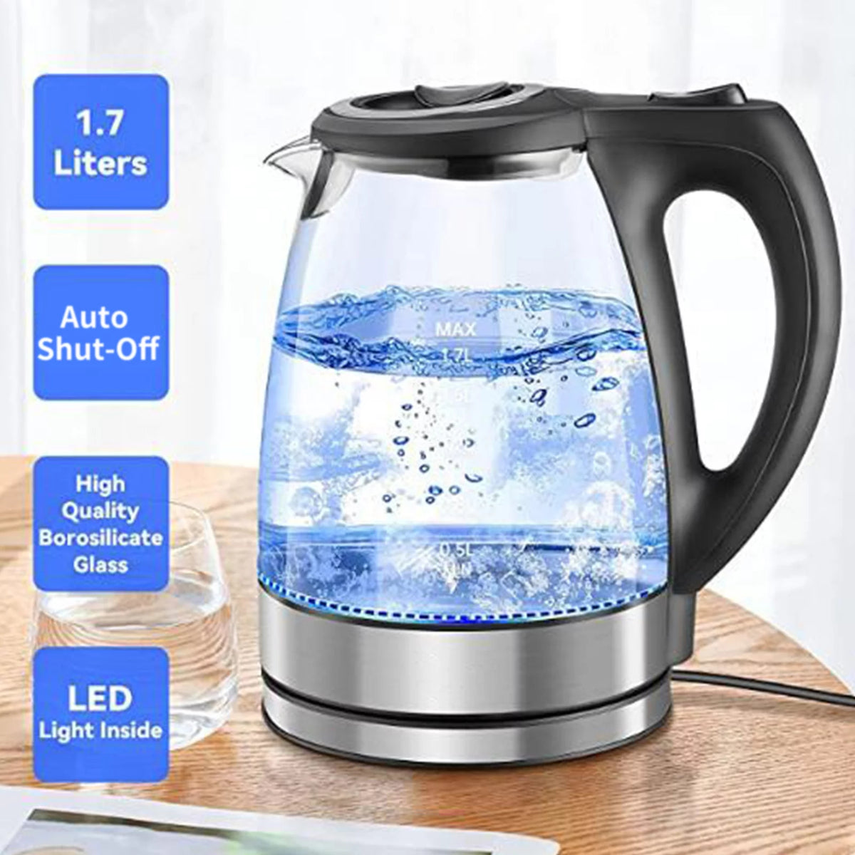 1.7L 1500W Glass Electric Kettle with Auto Shut-Off F27377