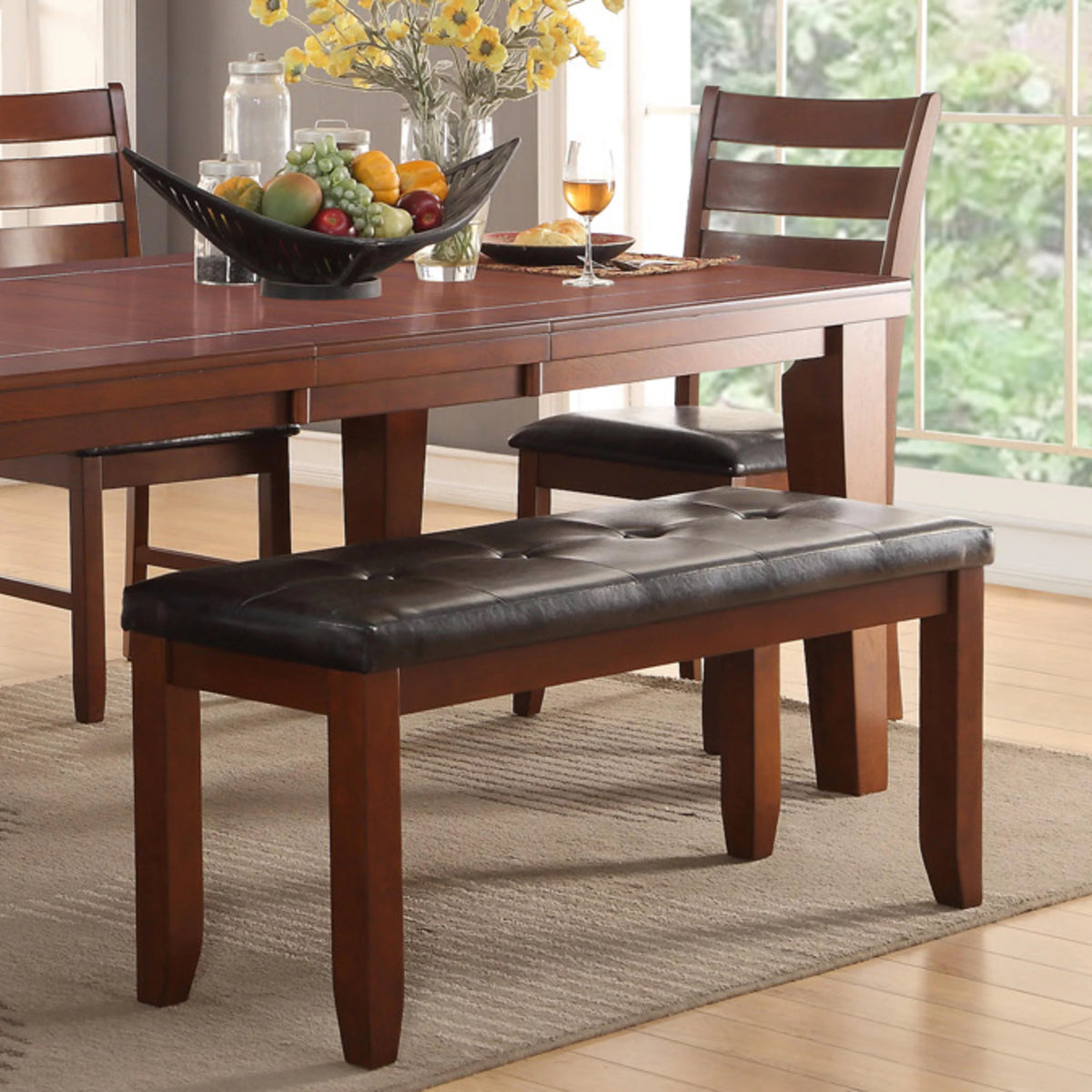 Solid Wood Tufted Black Faux Leather Dining Bench F333