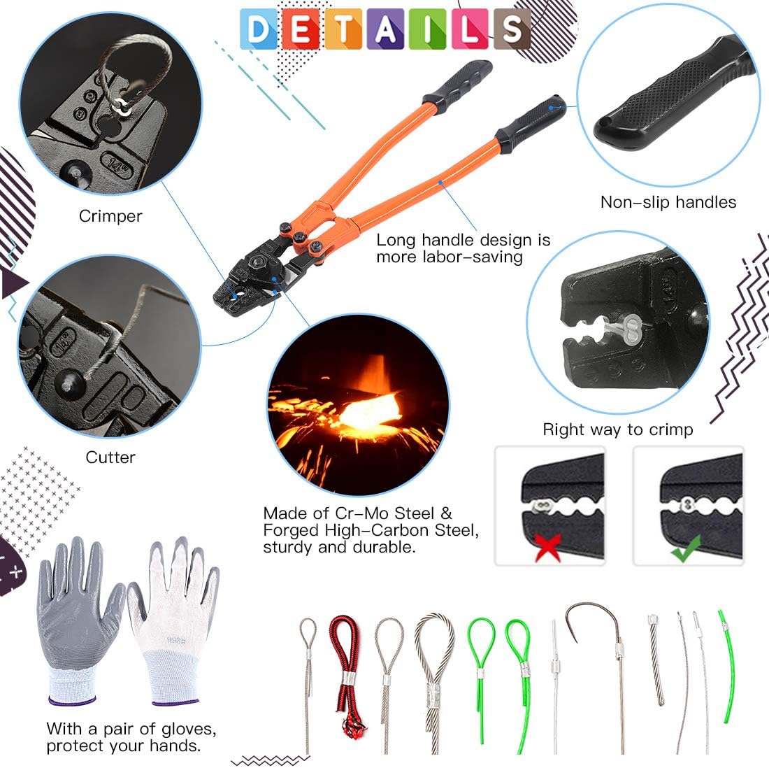 14'' Wire Rope Crimping Tool with Crimp Ferrules and Cable Thimbles W176239