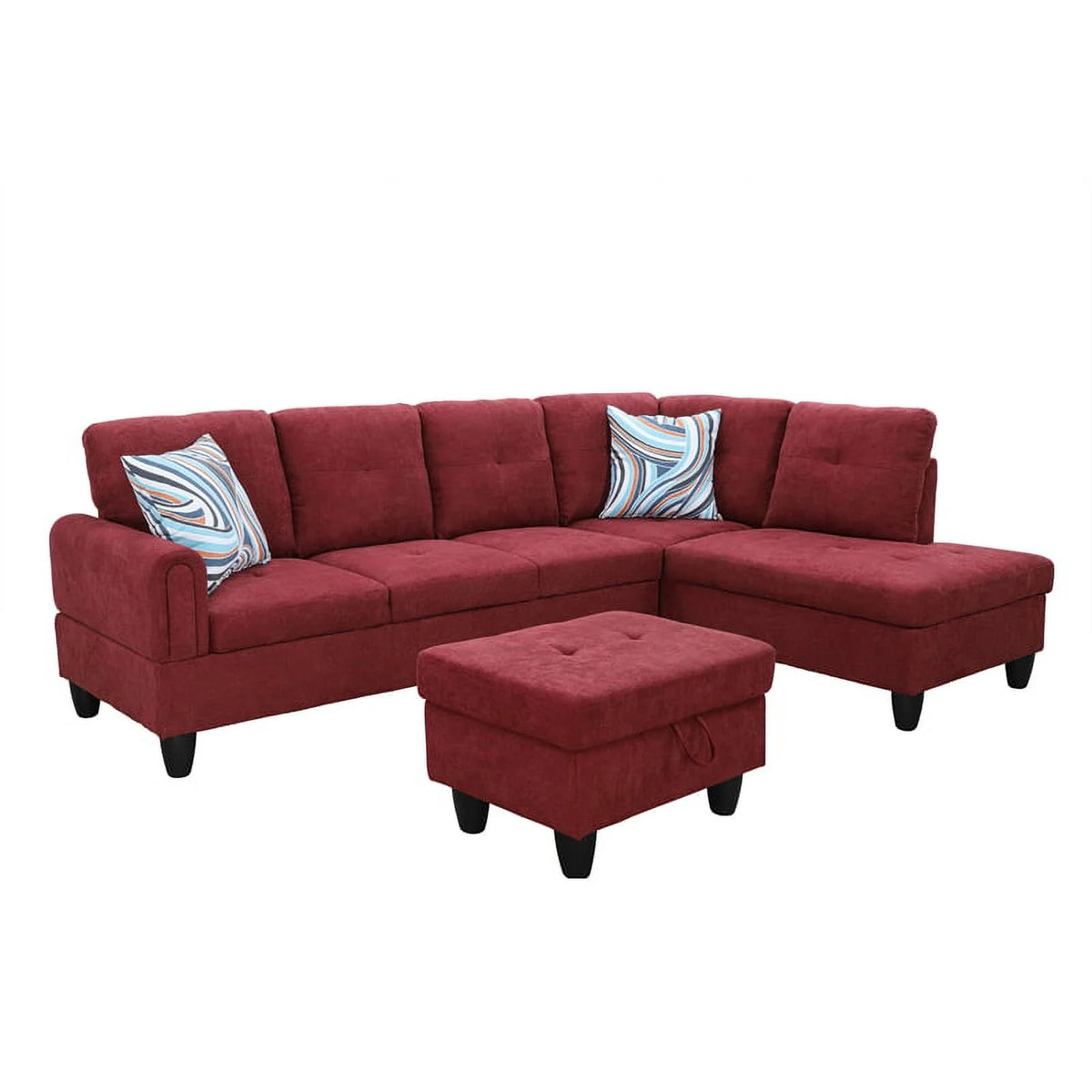 Red 3PC Flannelette Sectional Sofa with Ottoman V9985
