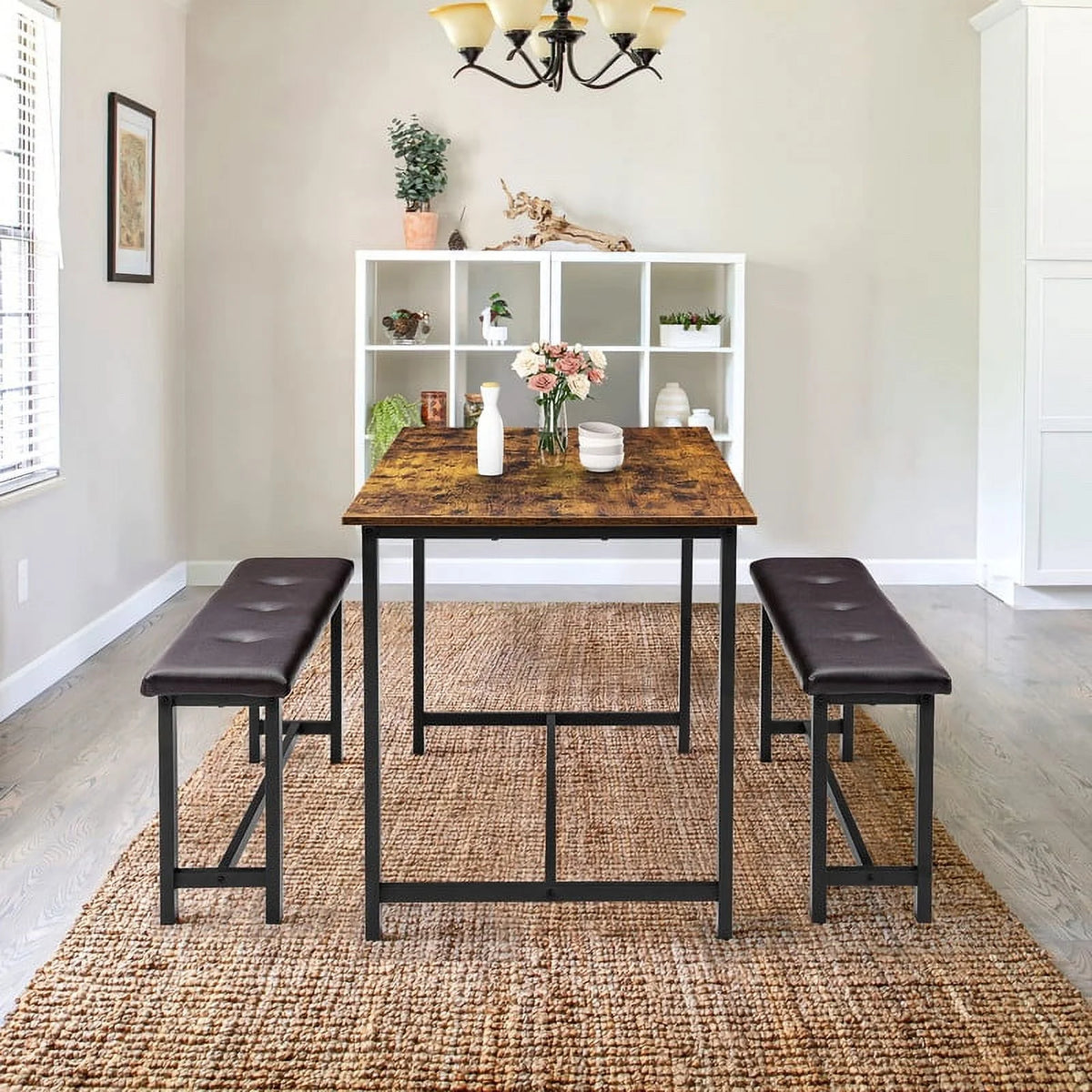 3 Piece Dining Table Set with Upholstered Benches S3925