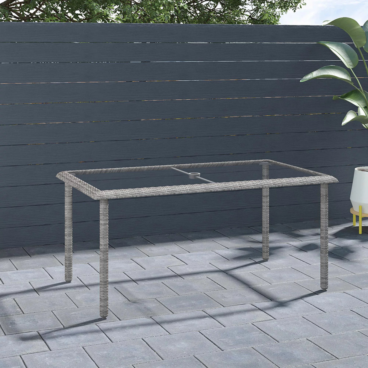 Black Wicker Dining Table with Glass Top and Umbrella Hole J354001