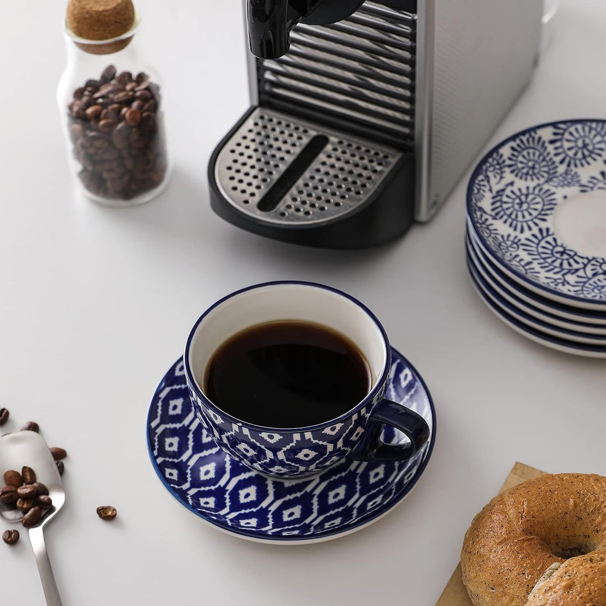 12 Piece Ceramic Dinnerware Set with 8 OZ Cappuccino Cup and Saucers, Vintage Blue H226530