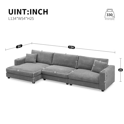 Beige Oversized Corduroy L Shaped Sectional Sofa with Chaise G37915