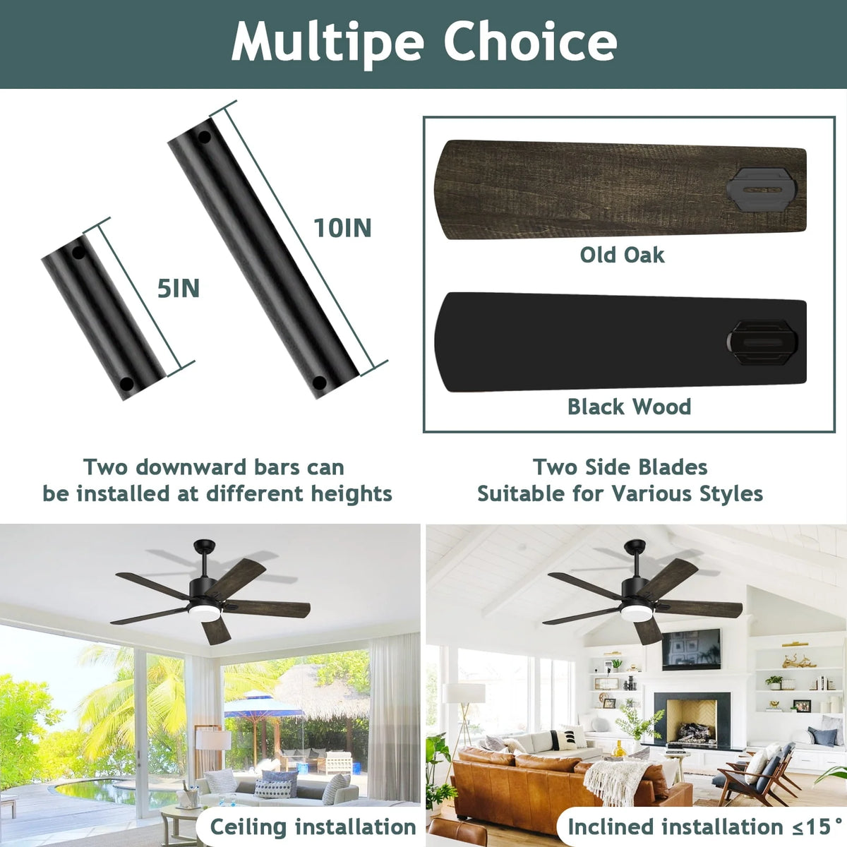Ceiling Fan with Light and Remote Control, 52 '' Reversible 5 Wood Fan Blades L110