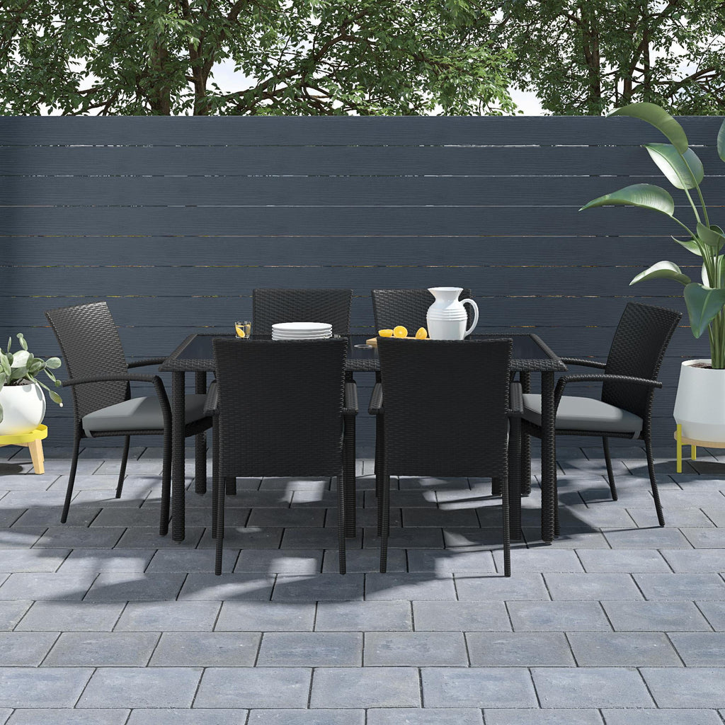 Black Wicker Dining Table with Glass Top and Umbrella Hole J354001
