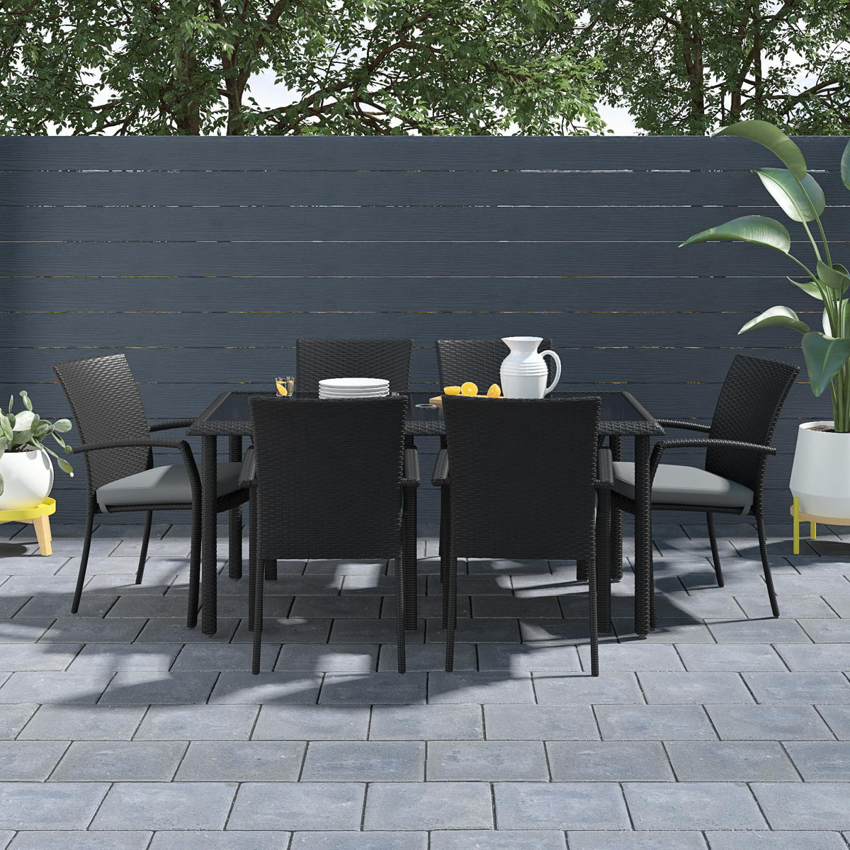 Black Wicker Dining Table with Glass Top and Umbrella Hole J354001