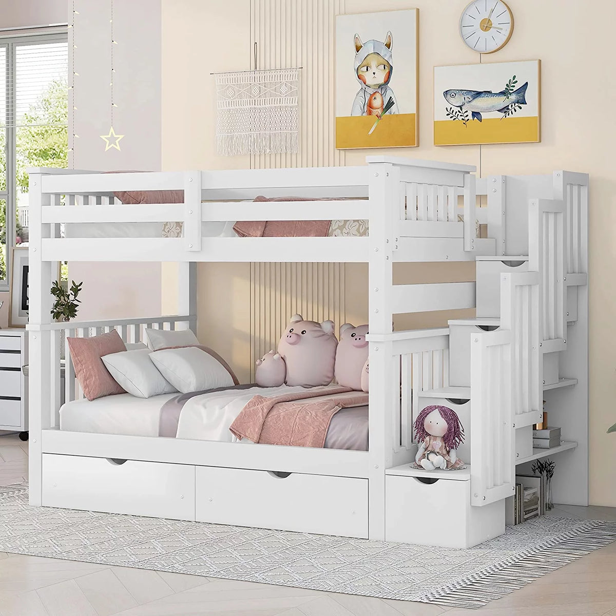 Full Over Full Bunk Bed with Stairs and 6 Storage Drawers X233921