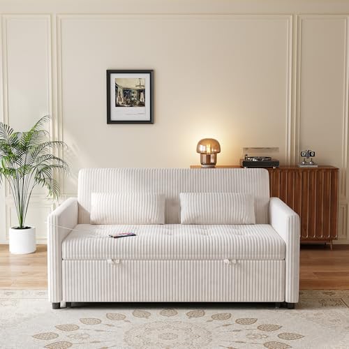 Beige Corduroy 2 Seater Convertible Sleeper Sofa T2728