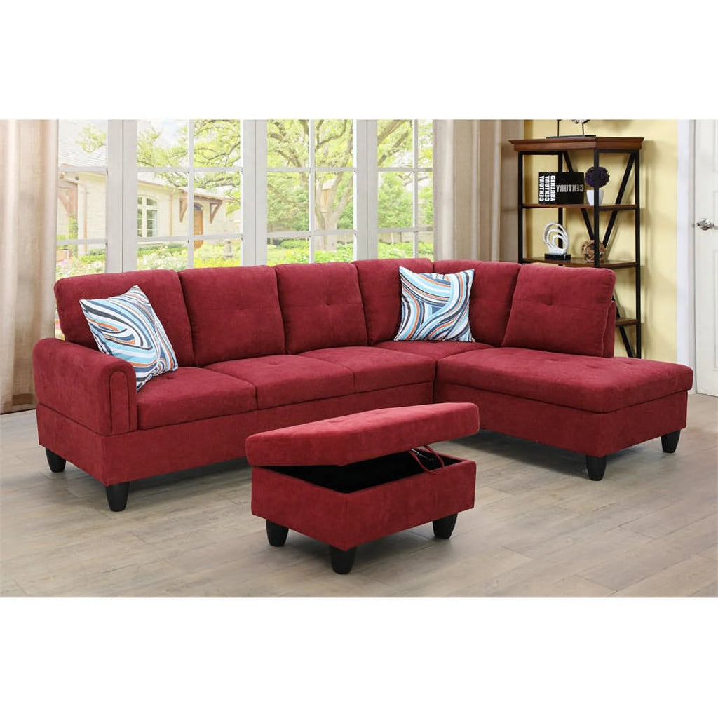 Red 3PC Flannelette Sectional Sofa with Ottoman V9985