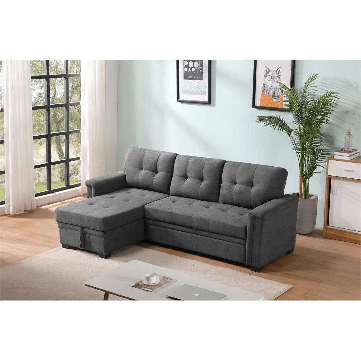 Gray Woven Fabric Sectional Sleeper Sofa with Storage and USB Charger U733711