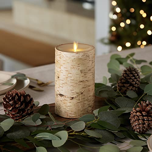 Flameless Candle Pillar with Real Birch Bark Moving Flame LED Battery Operated Lights Unscented (3.5 x 4.5-inch) D549750