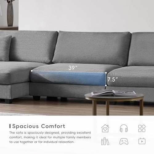 Beige Oversized Corduroy L Shaped Sectional Sofa with Chaise G37915