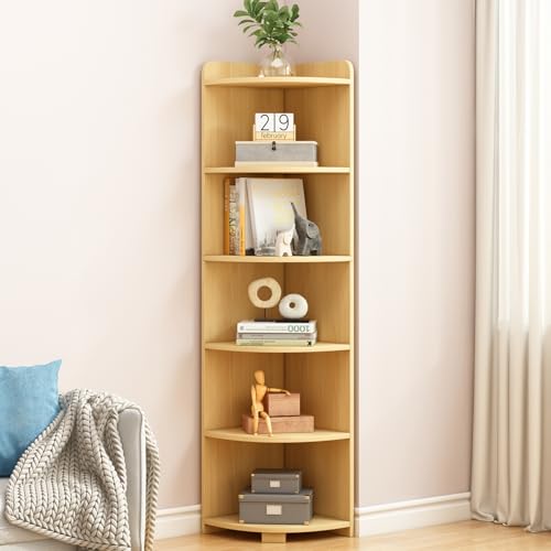 6-Tier Open Corner Shelf Tall Wooden Floor Standing Bookshelf Oak P941218