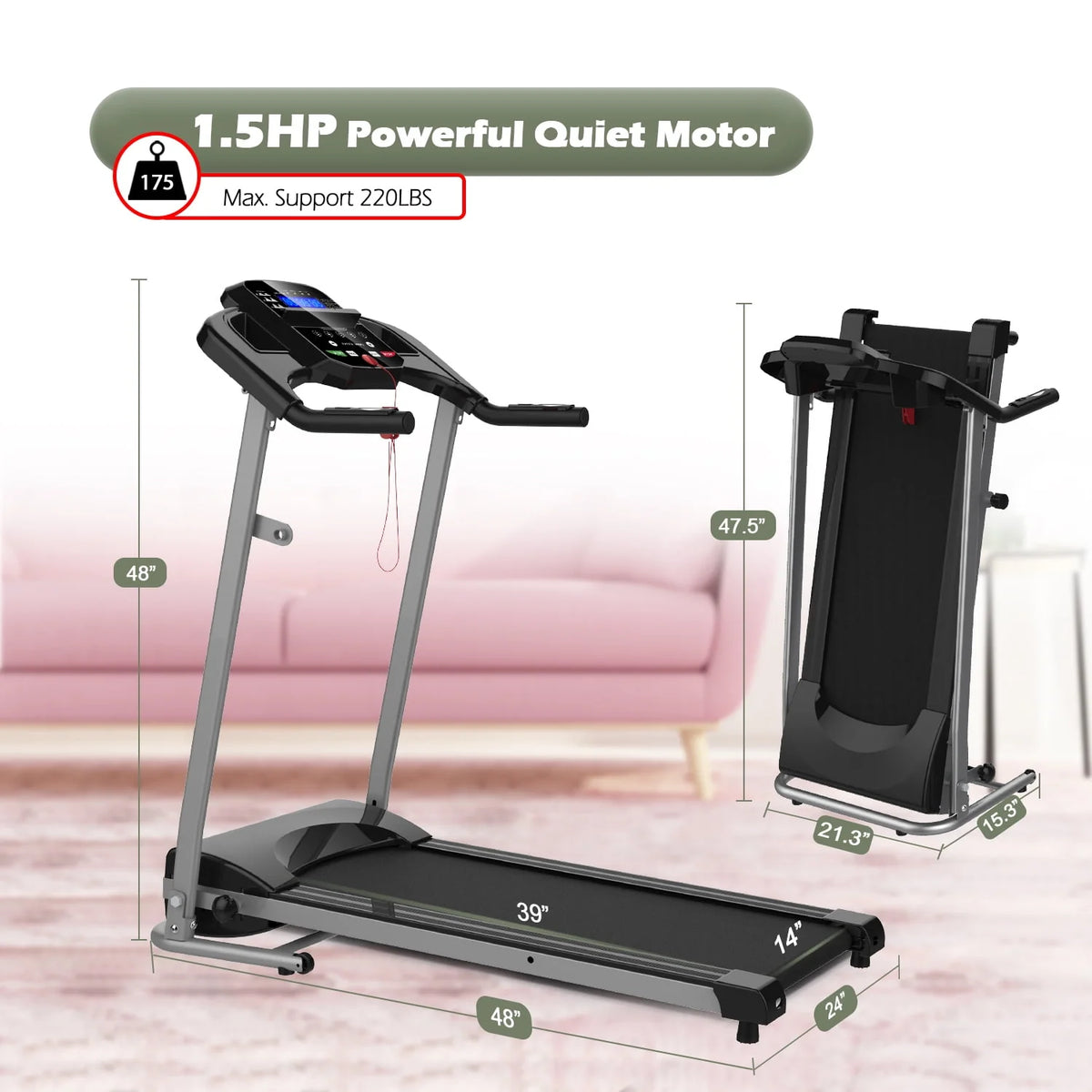 Black 1.5HP Folding Treadmill 220 LB Max Weight L377