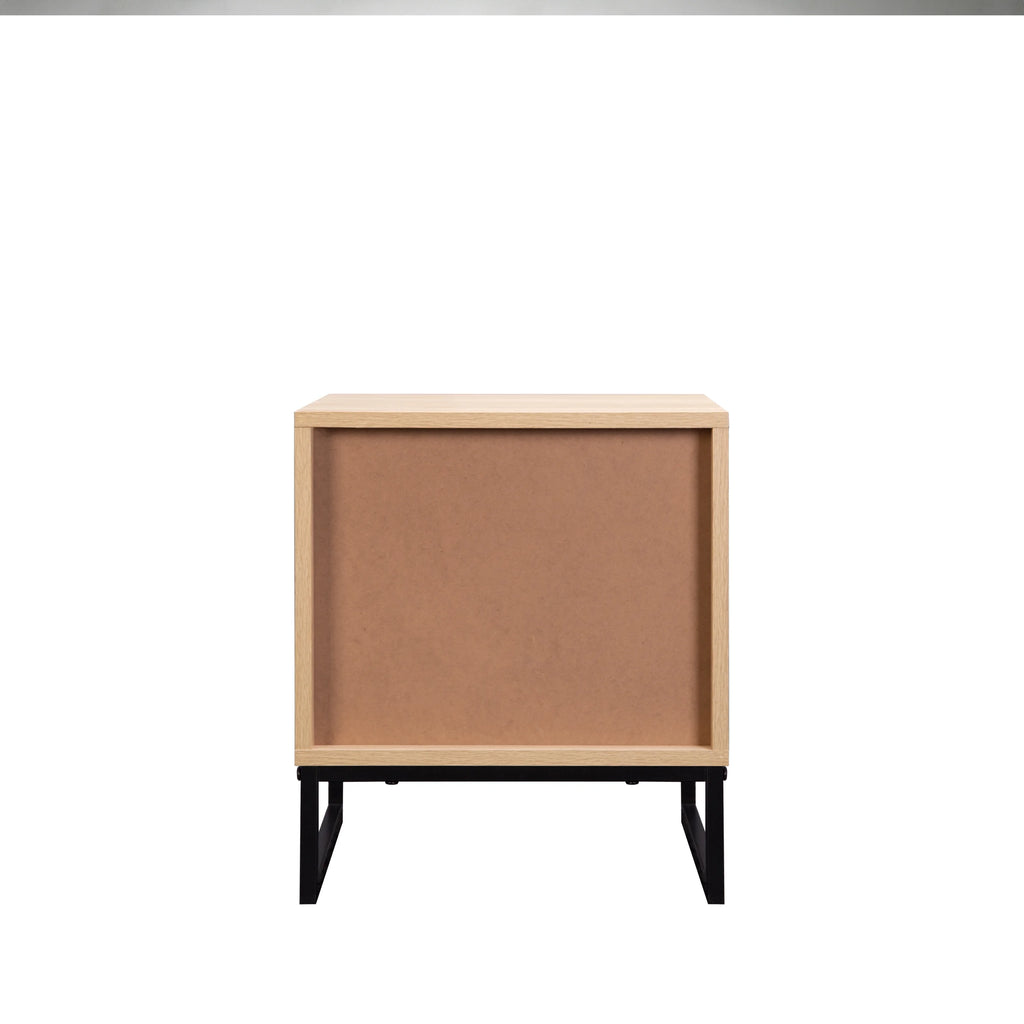 Coastal Modern Side Table with Drawer Natural Wood Top Black Metal Legs Z86215