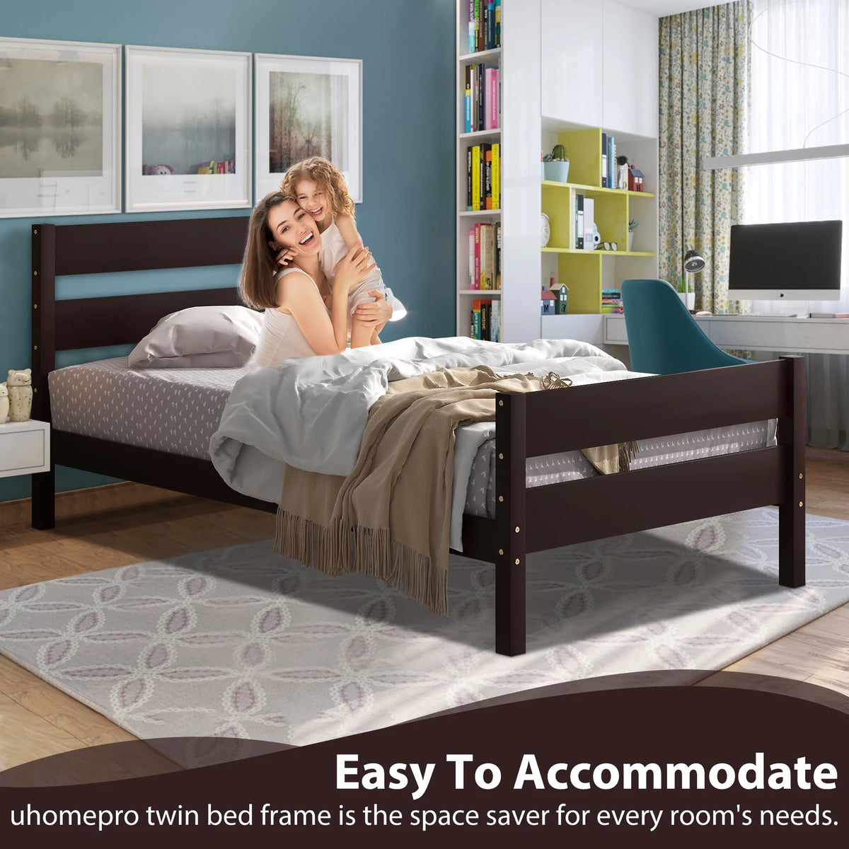 Twin Size Pine Wood Platform Bed Frame with Headboard and Footboard N697