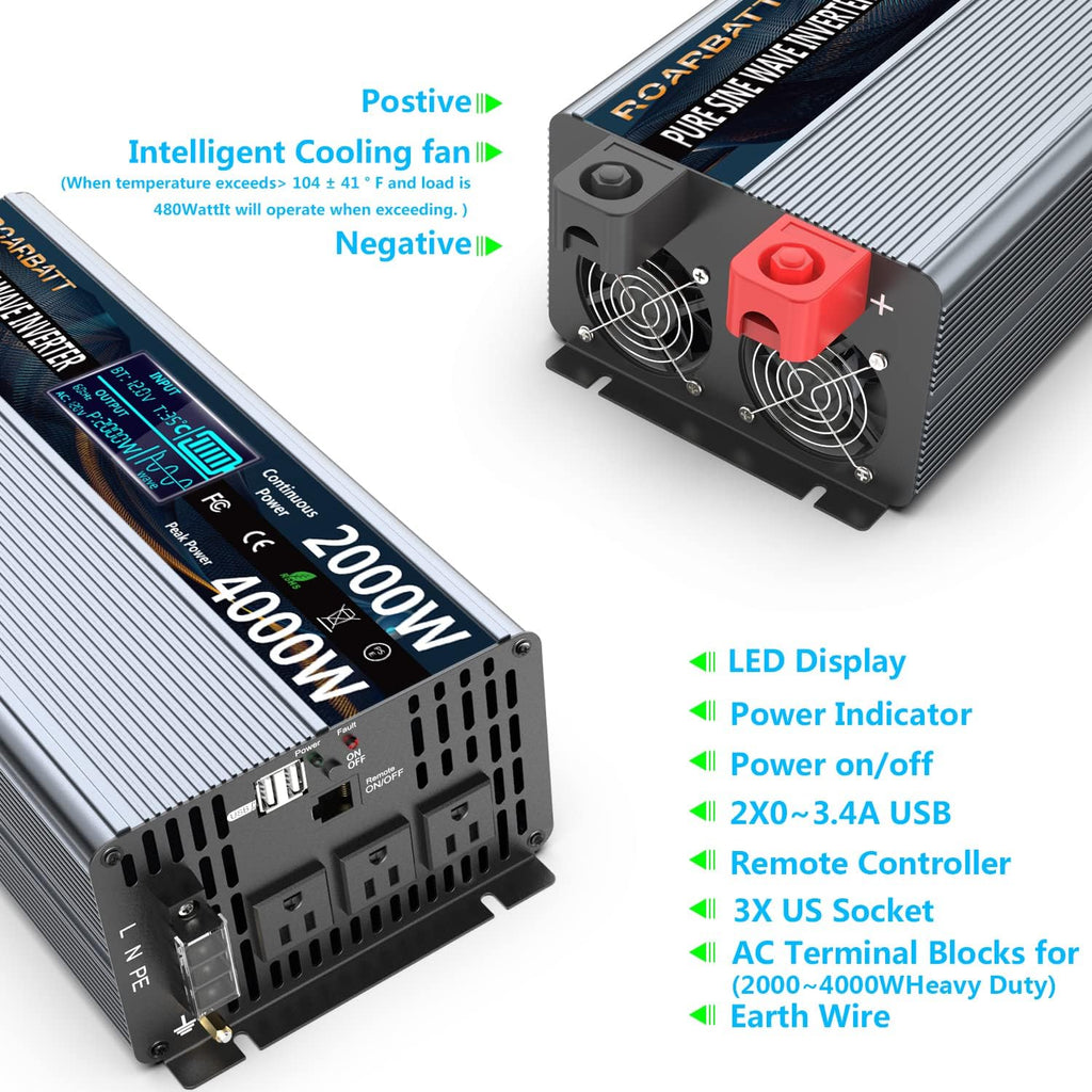 1000 Watt 12V DC to 110V AC Power Inverter with 2 AC Outlets and USB Port R593