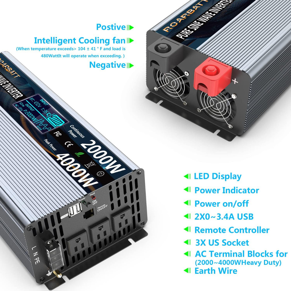 1000 Watt 12V DC to 110V AC Power Inverter with 2 AC Outlets and USB Port R593