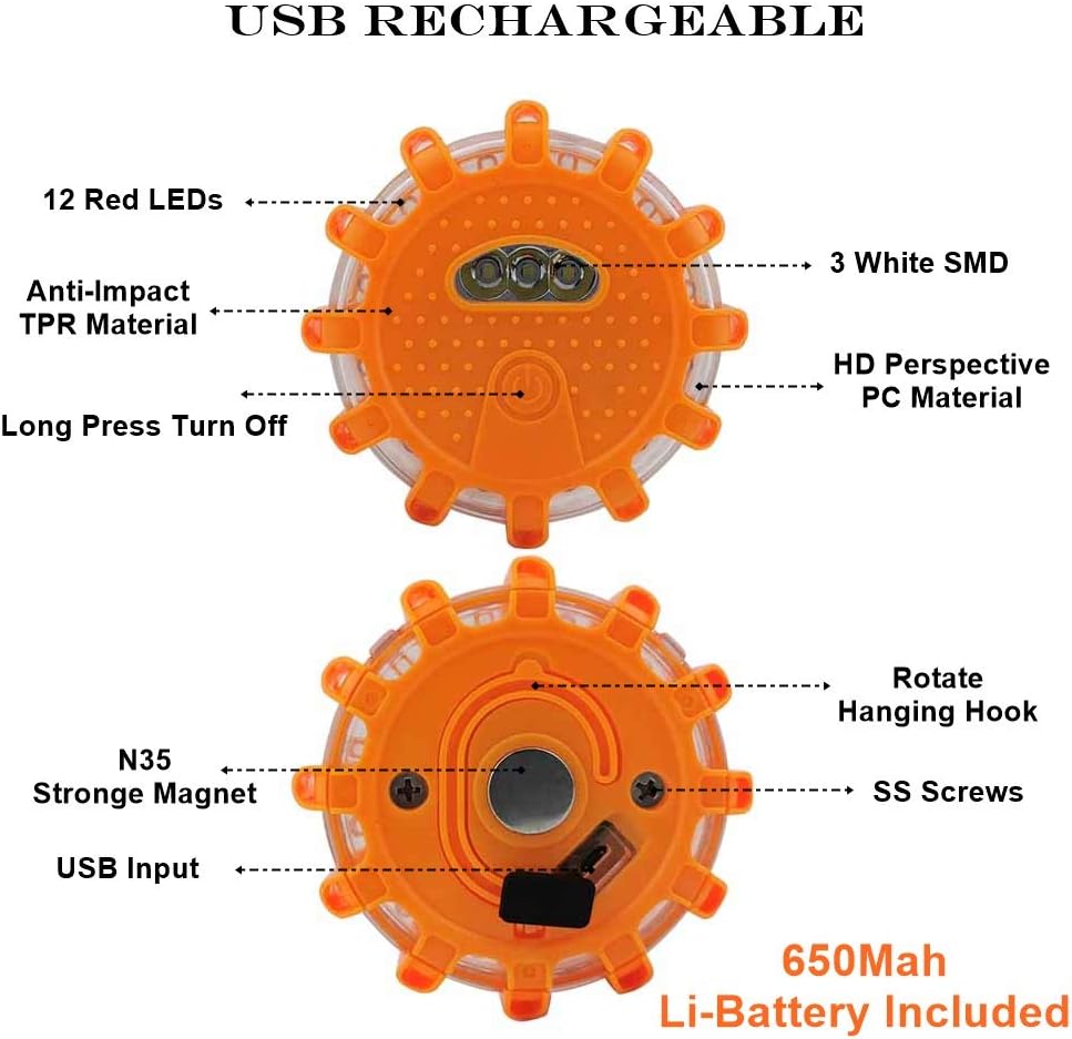 USB Rechargeable LED Road Flares Emergency Kit with Magnetic Hazard Lights Window Breaker Survival Whistle O290