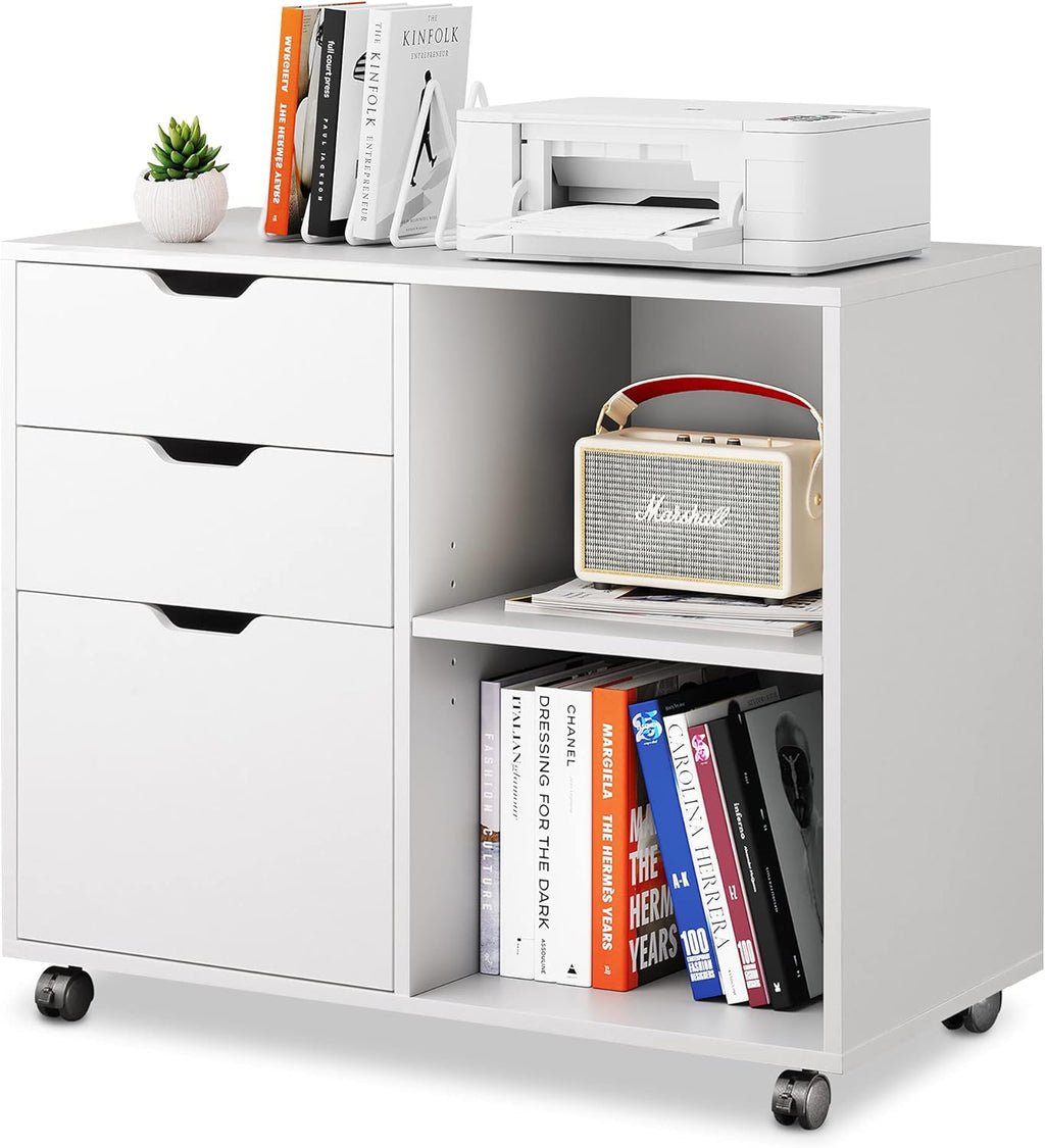 White 3-Drawer Mobile Wood File Cabinet with Open Storage Shelves D503