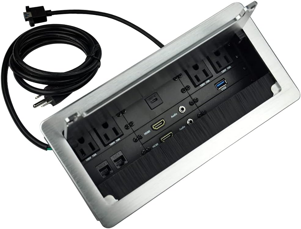 Silver Multimedia Connectivity Box with 4 AC Power, 2 HDMI, 2 RJ45, 1 USB3.0, 1 USB-C, 2 Audio Ports with 5.58ft Power Cord T6153