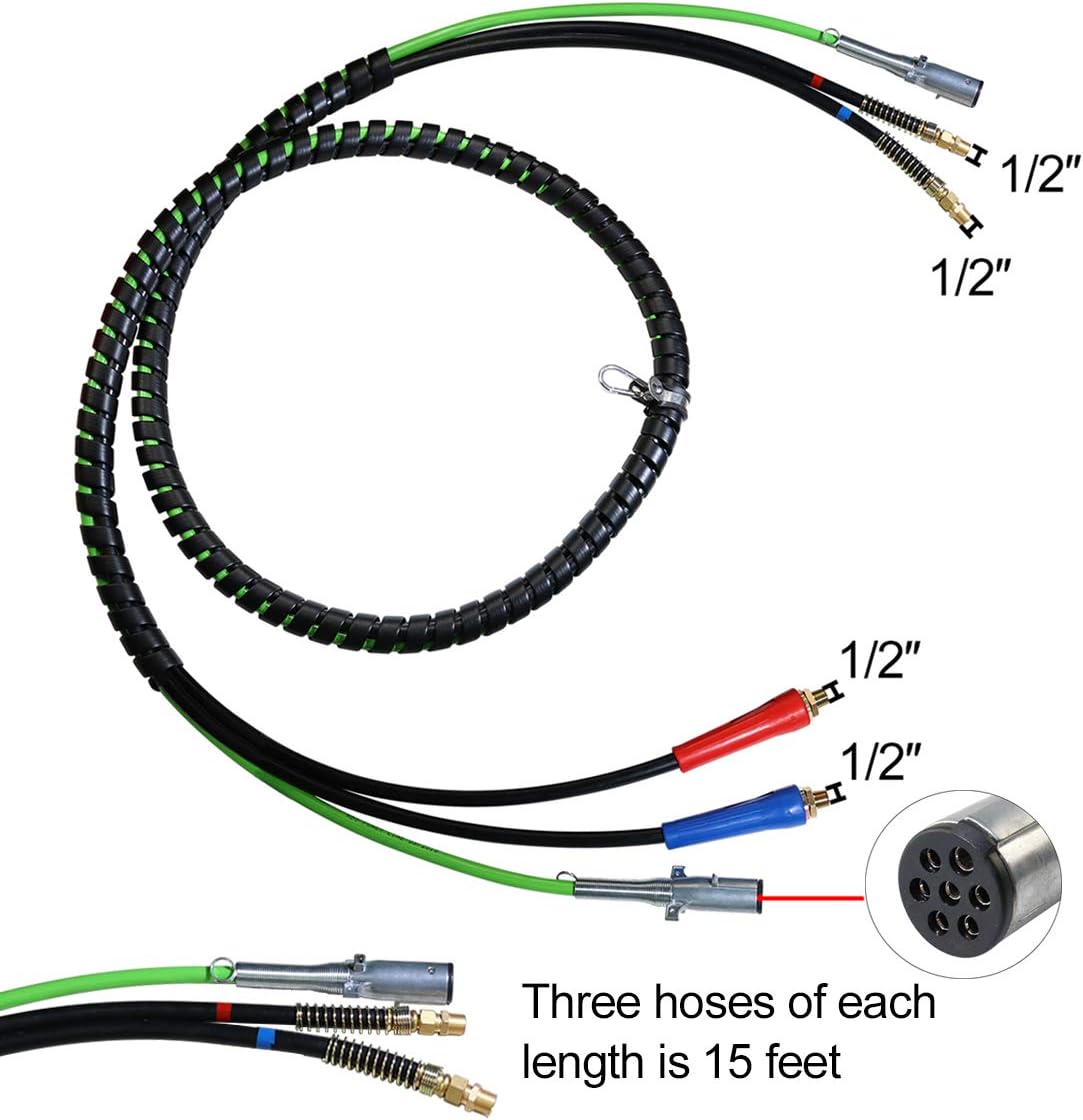 15ft 3 in 1 ABS & Power Air Line Hose Wrap 7 Way Electrical Cable with Handle Grip A855