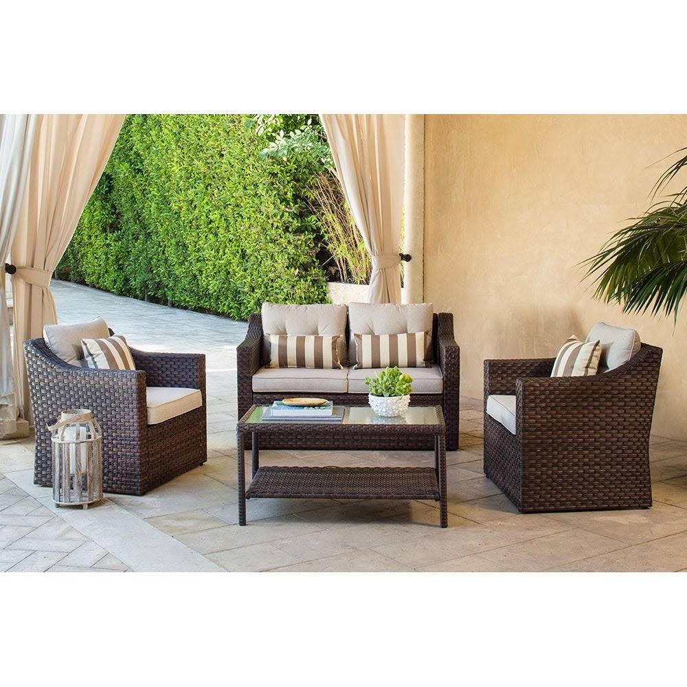 4-Piece All Weather Wicker Patio Furniture Set with Glass Coffee Table P12772