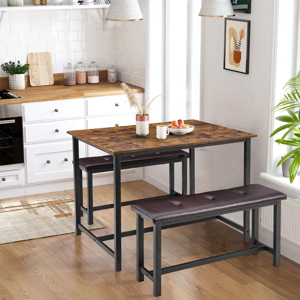3 Piece Dining Table Set with Upholstered Benches S3925