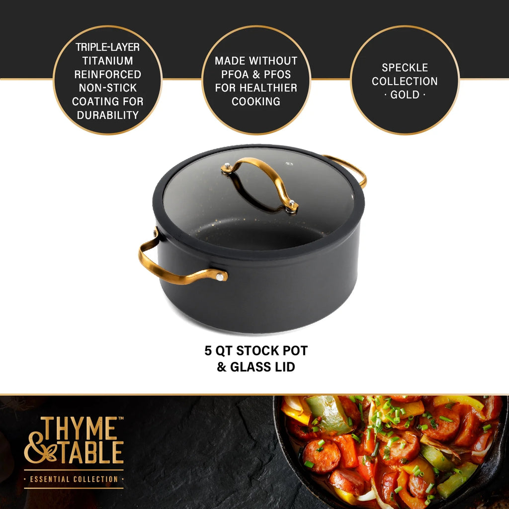 Non-Stick 5 QT Stock Pot with Glass Lid, Black & Gold J814222
