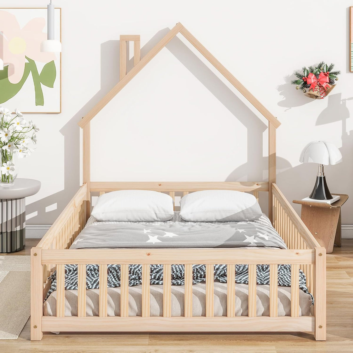 Natural Full Size Floor Bed Frame with Fence and Door N93183