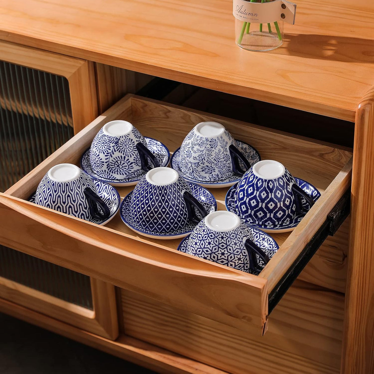 12 Piece Ceramic Dinnerware Set with 8 OZ Cappuccino Cup and Saucers, Vintage Blue H226530