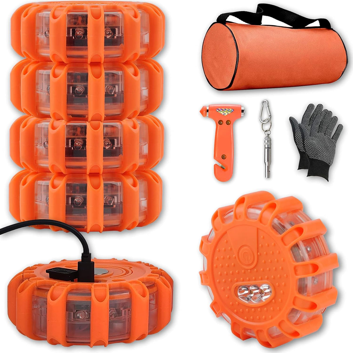 USB Rechargeable LED Road Flares Emergency Kit with Magnetic Hazard Lights Window Breaker Survival Whistle O290