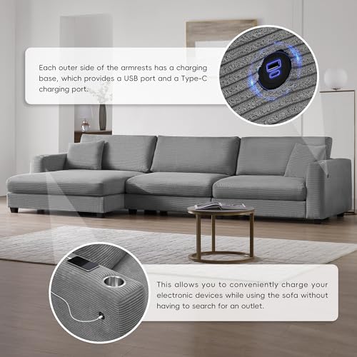 Beige Oversized Corduroy L Shaped Sectional Sofa with Chaise G37915