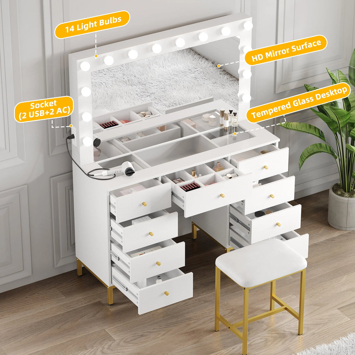 Gold and White Vanity Table with 9 Drawers F5452