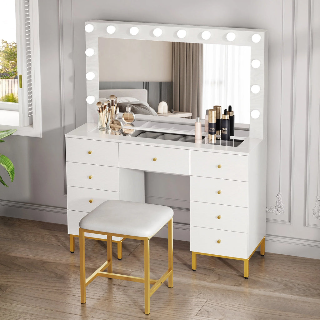 Gold and White Vanity Table with 9 Drawers F5452