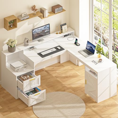 63" L Shaped Executive Desk with Drawers & Storage Shelf, Antique White H8041