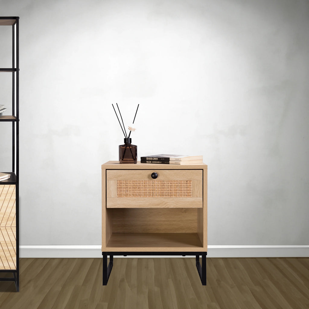 Coastal Modern Side Table with Drawer Natural Wood Top Black Metal Legs Z86215
