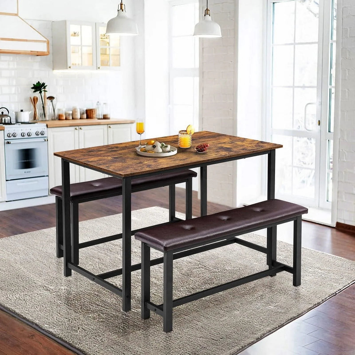 3 Piece Dining Table Set with Upholstered Benches S3925