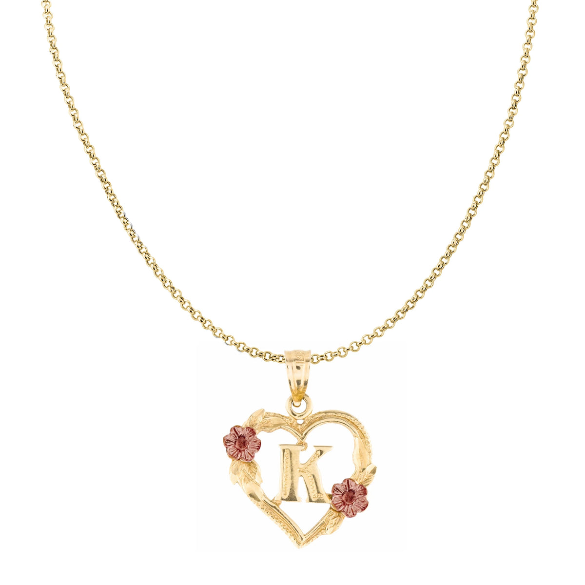 14K Two-Tone Gold Flower and Heart-Shaped Initial Pendant with 16" Chain Necklace H651358