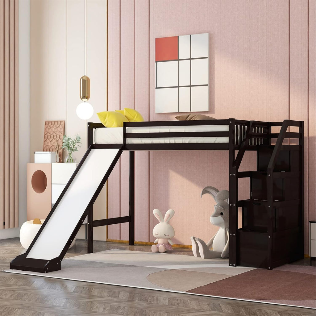 White Wood Twin Loft Bed with Slide and Staircase Storage X7795