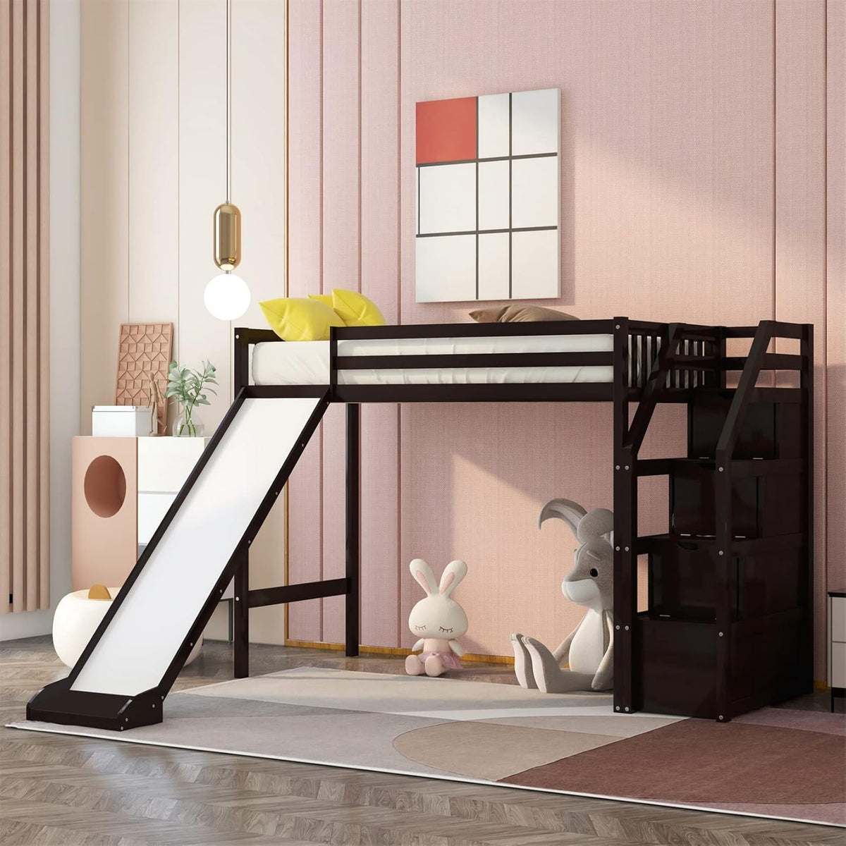 White Wood Twin Loft Bed with Slide and Staircase Storage X7795