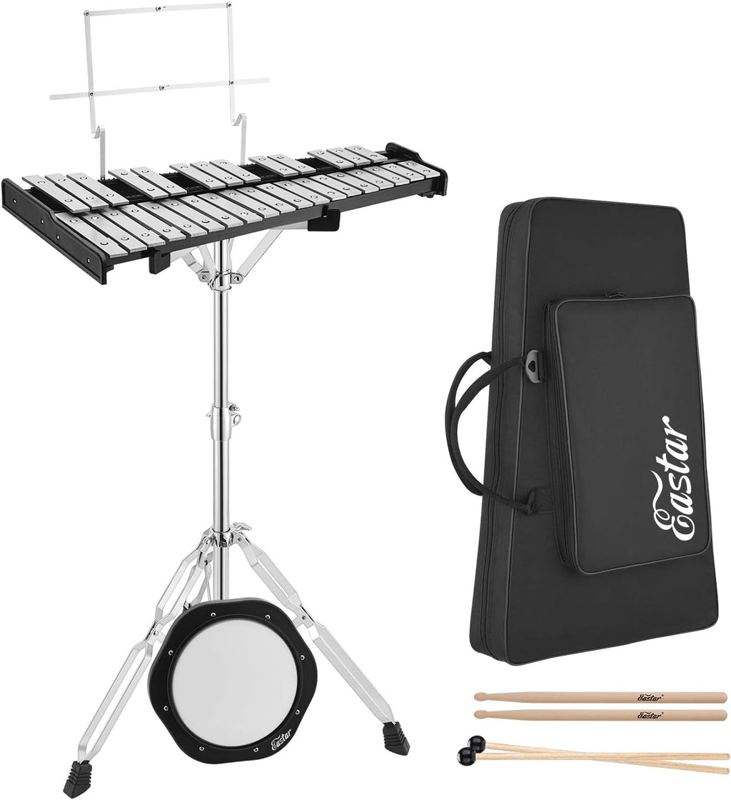 32 Note Glockenspiel Xylophone Bell Kit with 8 Inch Drum Practice Pad, Stand, Carrying Bag H5753