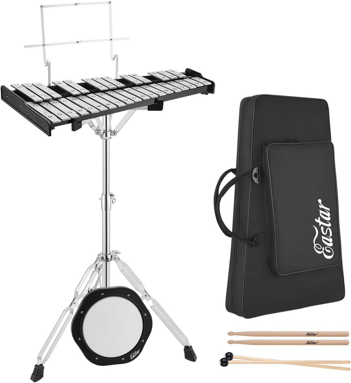 32 Note Glockenspiel Xylophone Bell Kit with 8 Inch Drum Practice Pad, Stand, Carrying Bag H5753