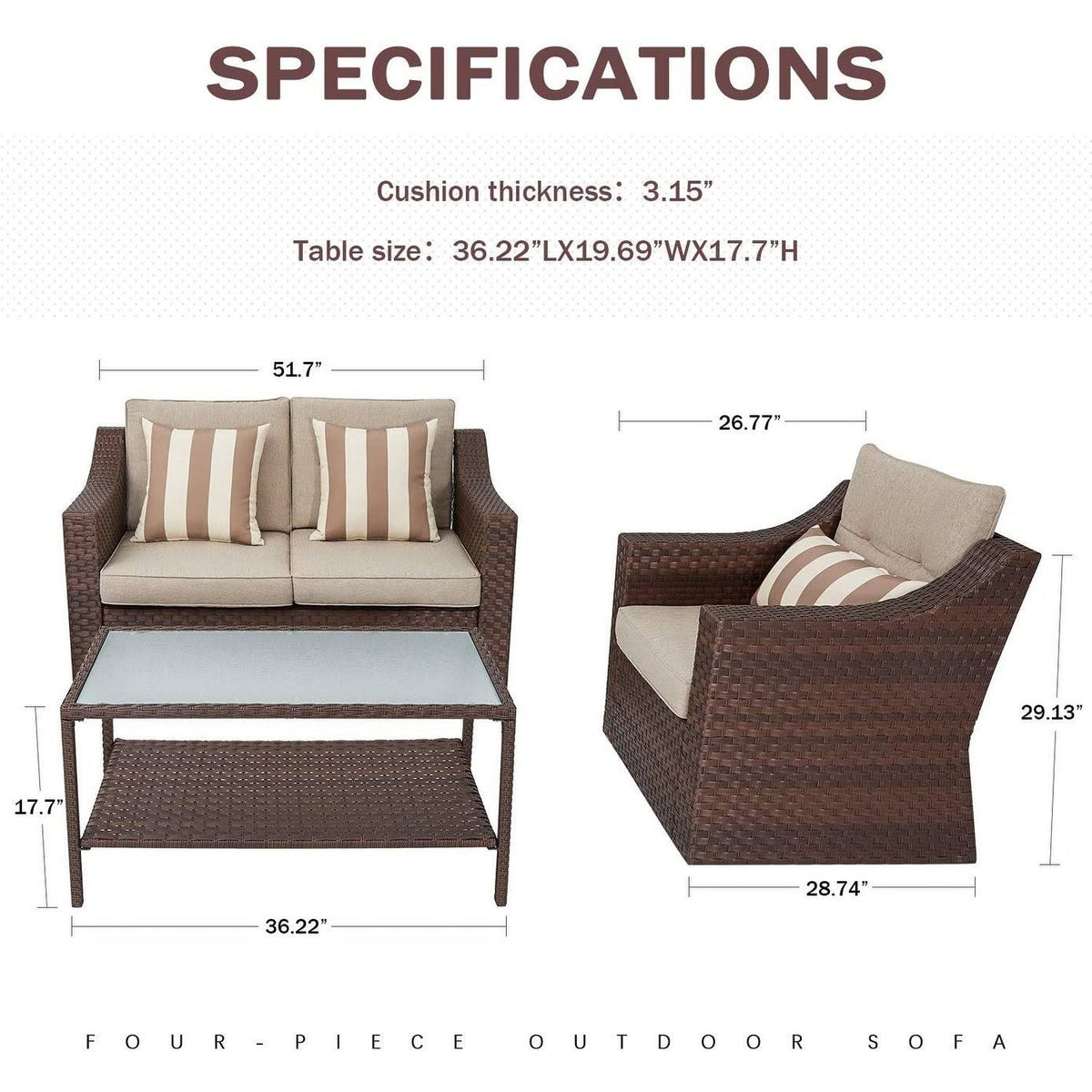 4-Piece All Weather Wicker Patio Furniture Set with Glass Coffee Table P12772
