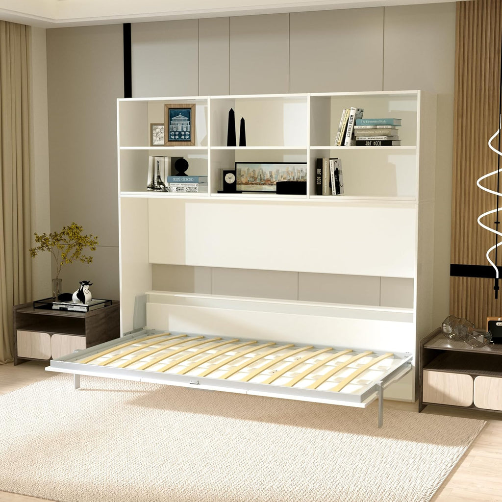 White Twin Size Wall Bedframe with Six Storage Shelf U8709