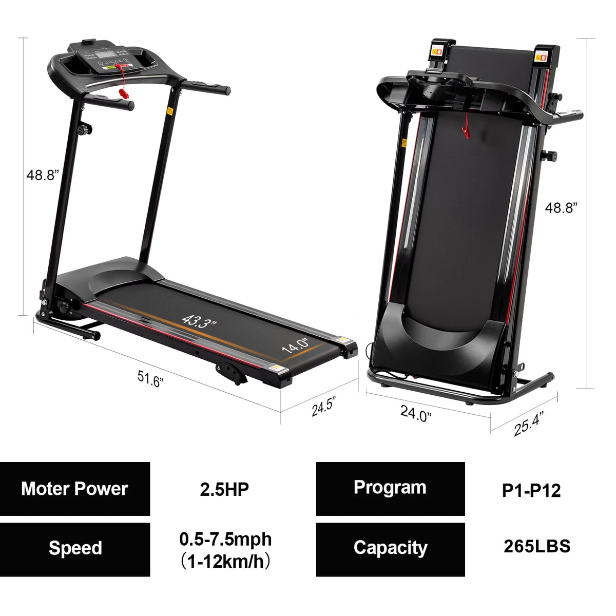 Black 1.5HP Folding Treadmill 220 LB Max Weight L377