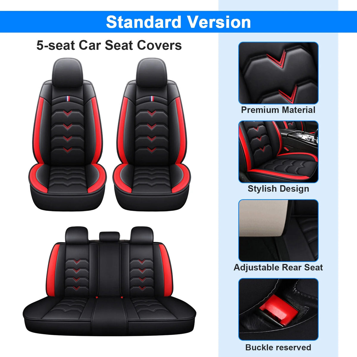 Black & Red Waterproof Leather Car Seat Covers Full Set C2498