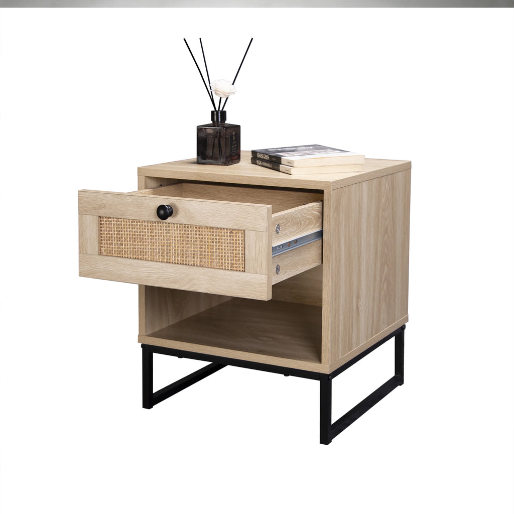 Coastal Modern Side Table with Drawer Natural Wood Top Black Metal Legs Z86215